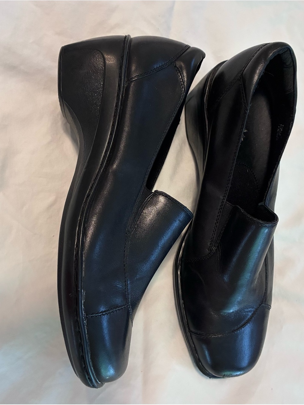 Clarks Black Leather Slip-On Women's Loafers with Low Wedge